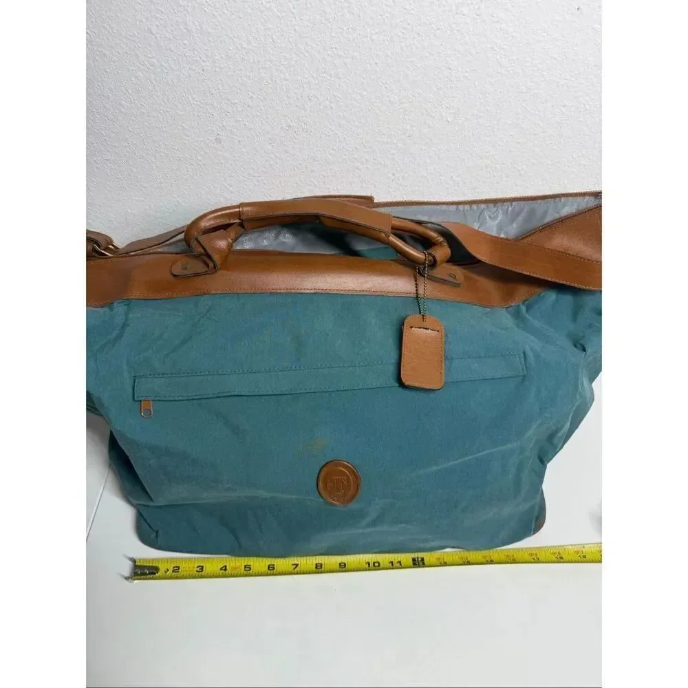 Vintage Travel Duffle Traveler Green Brown Weekend Faux Leather Trim See Notes
